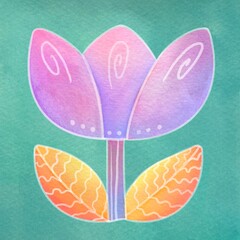 70s retro style botanical illustration, watercolor groovy flower on green background. fantastic Bright unusual plant