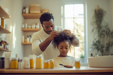 Black father doing his daughter's hairstyle. Dad doing his baby's afro hair in the bathroom. Fatherhood.