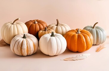 A collection of beige and brown pumpkins on a pastel background, complemented by embellishments, creates a serene fall aesthetic with plenty of room to replicate.