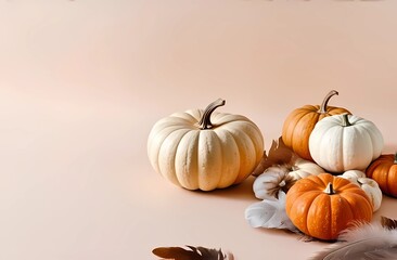 A collection of beige and brown pumpkins on a pastel background, complemented by embellishments, creates a serene fall aesthetic with plenty of room to replicate.