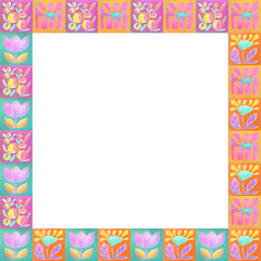 70s retro style botanical frame, watercolor groovy flowers border on transparent copy space background. fantastic Bright unusual plants