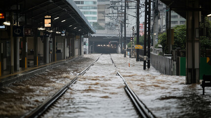台風で増水した駅