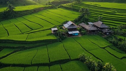 Aerial view of green rice and tea fields.
