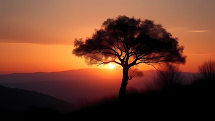 Fototapeta premium Atmospheric landscape.. Silhouette of a Tree at Sunset Over Mountains. 