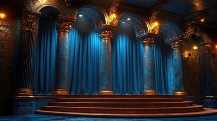 Stage podium background red light spotlight curtain theater show platform. Stage 3D background podium award cinema winner movie carpet pedestal fabric concert abstract studio dark vip empty silk club.