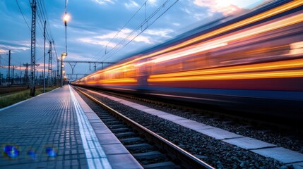 Fototapeta premium High speed passenger train in motion on railroad at sunset. Blurred commuter train. Railway station against sunny sky. Railroad travel, railway tourism. Rural industrial landscape. Concept