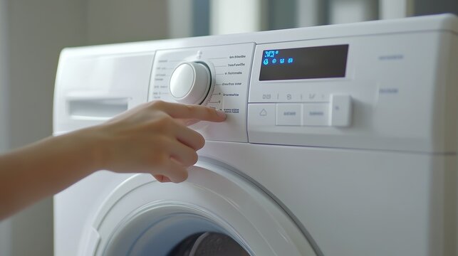 A person adjusting the settings on a washing machine in a modern laundry room during daylight hours