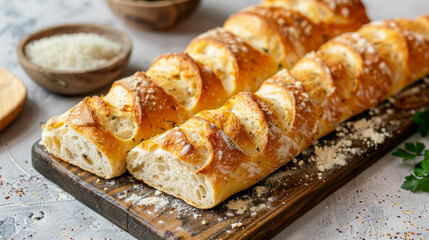 Freshly baked ciabatta bread sliced and served on a rustic wooden board with garnishes and seasonings