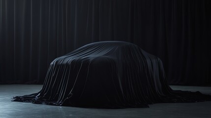 A car is covered with a black cloth, with black curtains in the background.