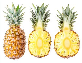 Fresh Pineapple Trio - Whole, Halved, and Sliced Pineapple Isolated on White Background