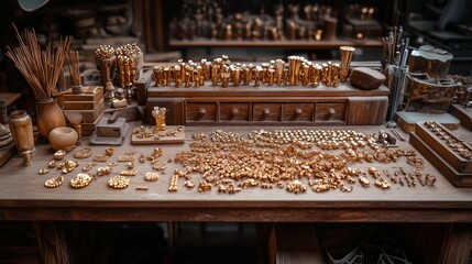 A detailed view of a jewelry workshop. The workplace is filled with various tools and materials, demonstrating the complex process of creating jewelry.