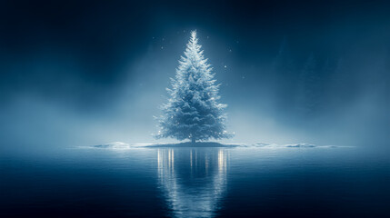 Snowy Christmas tree glowing softly with lights, surrounded by fog and reflecting in still water, creating a serene ambiance