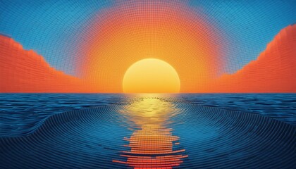  A pixelated orange sun rising over a blue ocean, with a minimalistic horizon line and a clea