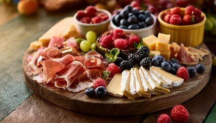  A rich and abundant wooden board covered with thin slices of prosciutto, creamy camembert, h