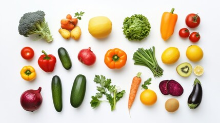 Concept for a healthy lifestyle, featuring an assortment of fruits and vegetables arranged on a clean white background