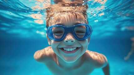 Naklejka premium A child wearing goggles, smiling underwater while swimming in a bright blue pool