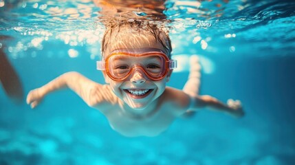 A child wearing goggles, smiling underwater while swimming in a bright blue pool