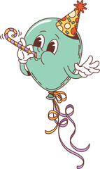 Retro groovy holiday air balloon character. Isolated cartoon vector cute balloon personage with smiling face, hat and blower, decorated with colorful ribbons, exuding festive mood during celebration