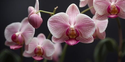 A pink and white orchid with a pink stem and pink petals.