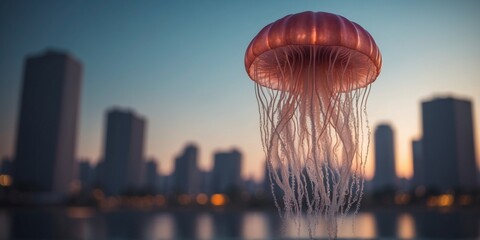 A giant jellyfish floating in the sky, casting shadows on a futuristic city.