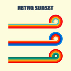 Obraz premium Horizontal vintage sunsets. Various colorful striped sunrise badges in 80s and 90s style. Sun and ocean view, summer vibes, surfing. Design element, print, logo or t-shirt. Vector illustration