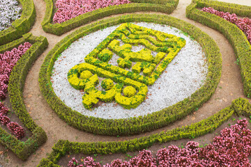 Vista parcial de los bellos jardines del Castillo de Sotomayor, Pontevedra, Galicia, España