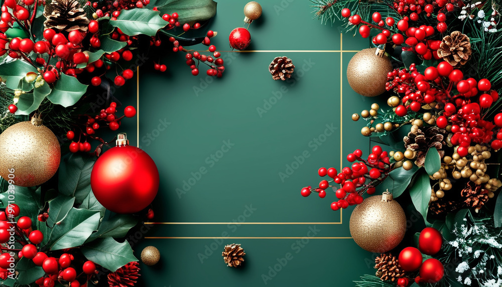Canvas Prints a frame with christmas decorations on it and a green background