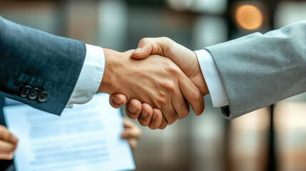 Close up of two businesspeople shaking hands, symbolizing agreement and partnership. image captures essence of collaboration and professionalism in corporate setting