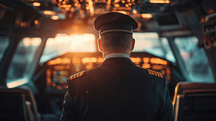 A pilot in uniform stands in cockpit, gazing at illuminated control panel as sun sets, creating warm and inspiring atmosphere