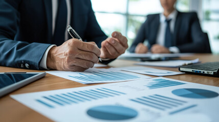 executive is presenting graph during business negotiation, showcasing analytical skills and professionalism. setting emphasizes focus and collaboration