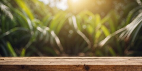 rustic wooden table top with blurred background of the coconut farm.
