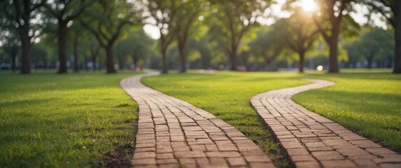 A path in a park with a brick walkway and a lush green lawn.