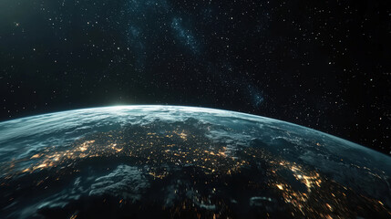 Obraz premium A stunning nighttime view of Earth from orbit, showcasing illuminated cities and vastness of space. planets curvature and twinkling lights create breathtaking scene