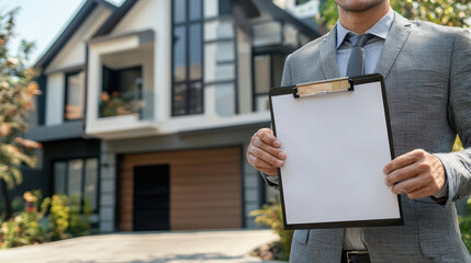 A real estate agent presenting blank clipboard in front of modern house, showcasing professionalism and readiness to assist clients