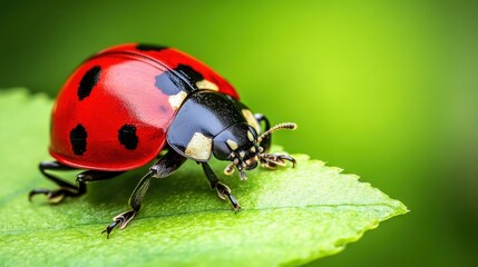 Fototapeta premium Close-up view of a ladybug on a leaf with vibrant red and black colors against a green background showcasing the delicate details of the insect in a natural setting
