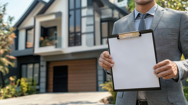 A real estate agent presenting blank clipboard in front of modern house, showcasing professionalism and readiness to assist clients