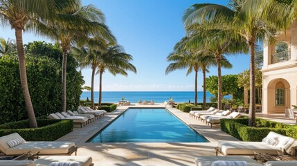 Fototapeta premium A luxurious beachfront pool with views of the ocean, framed by palm trees and plush loungers