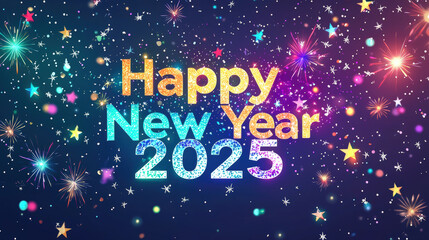 Fototapeta premium Happy New Year 2025 is celebrated with vibrant colors and festive fireworks, creating joyful atmosphere filled with excitement and hope for upcoming year