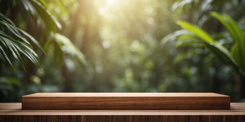 Wooden podium for product presentation with tropical forest background 205.