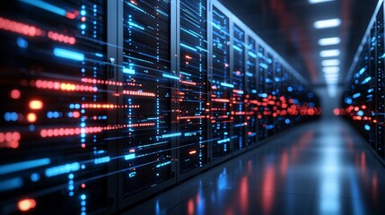 Fototapeta premium Futuristic High Tech Data Center Hallway with Glowing Lights and Digital Network Cables