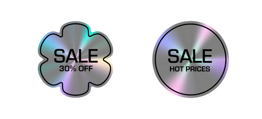 Holographic stickers with a metallic sheen feature promotional messages like SALE 30% OFF and SALE HOT PRICES. Labels and emblems on a transparent background.

