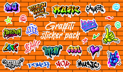 Graffiti urban street art stickers pack. Vector vibrant words like music, style, savage, love and cool. Wow, music, yeah, power or freedom along with urban street art symbols displayed on a brick wall © Buch&Bee