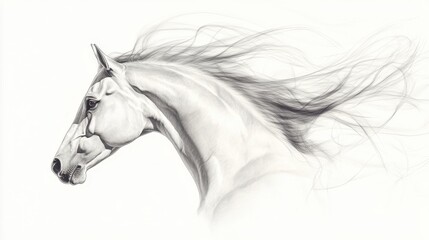 Naklejka premium Detailed sketch of a horse s side profile with flowing mane and refined features drawn in a delicate artistic style on a white background