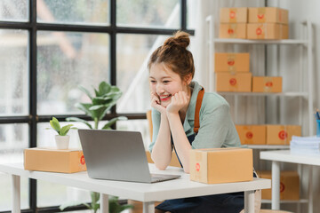 Smiling Entrepreneur Working on Laptop in Home Office: A young, successful entrepreneur working on her laptop in her home office with a smile on her face, surrounded by boxes. This image evokes feelin