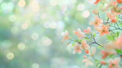 Soft pastel spring scene with abstract light bokeh effect in the background creating a dreamy blur of vibrant blossoms and greenery