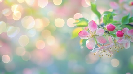 Fototapeta premium Soft pastel spring scene with abstract light bokeh effect in the background creating a dreamy blur of vibrant blossoms and greenery