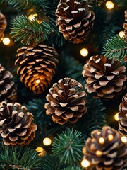 Christmas decorations with pinecones and twinkling lights.