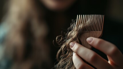 Hair loss concept with a tuft of hair on wooden comb for awareness and solutions