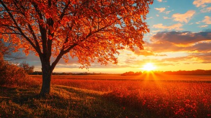 Stunning autumn sunset over a serene countryside field with a vibrant red maple tree.