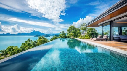 Fototapeta premium A modern infinity pool at a hillside resort, offering expansive views of the ocean and distant mountains